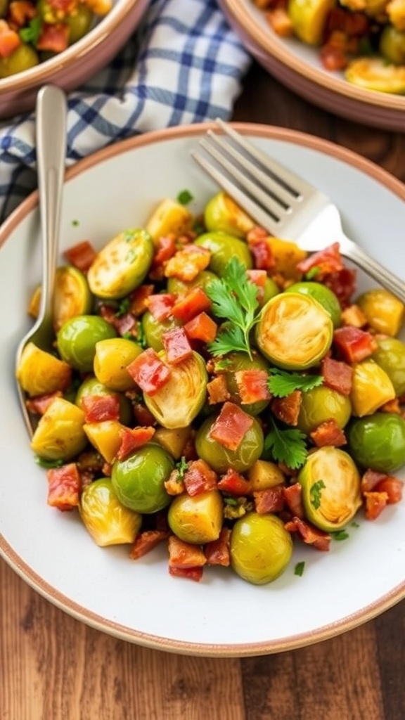 A delicious Brussels Sprouts and Bacon Hash with crispy bacon and golden Brussels sprouts, garnished with parsley on a rustic table.